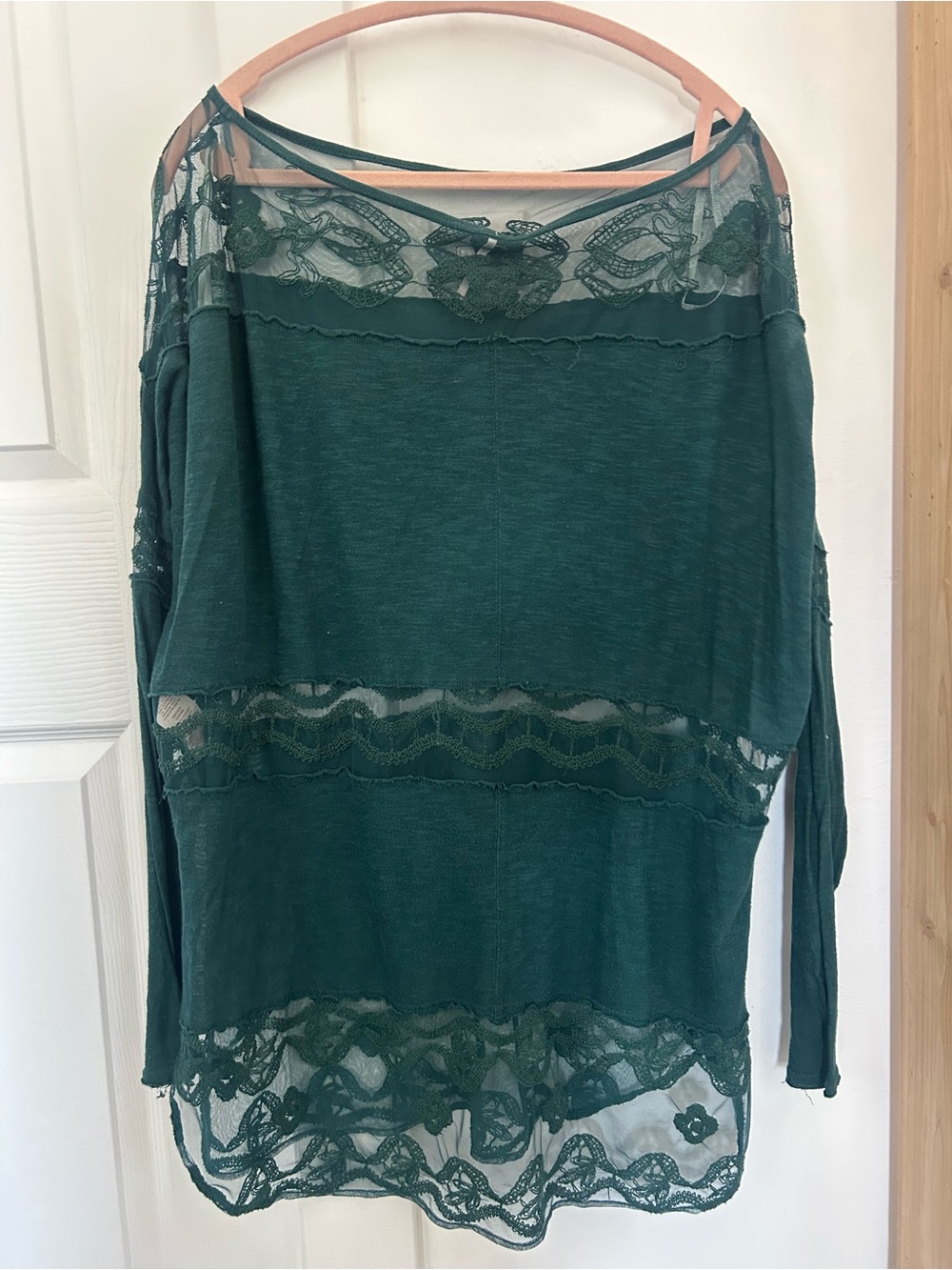 Free People Women’s Forest Green Lace-Trim Long Sleeve Top